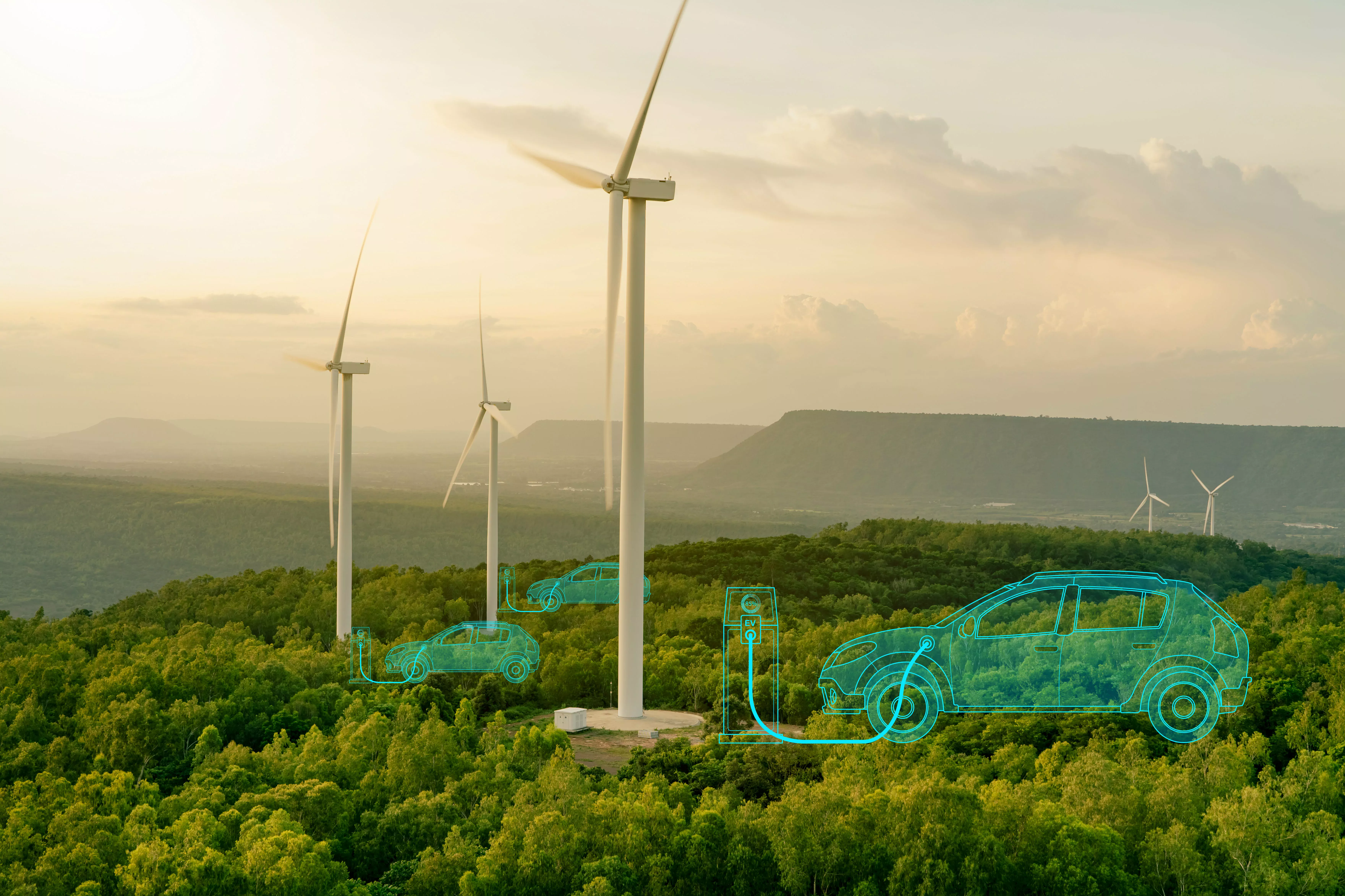 Wind turbines in a green landscape