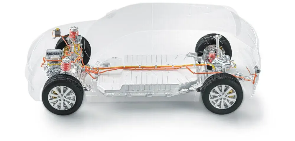 Voiture avec vue sur les composants intérieurs et les pneus